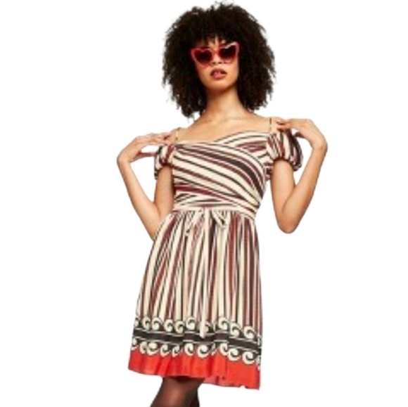 Anna Sui | Women's Mixed Print V-Neck Striped Mini Dress (Size Large) - Picture 1 of 14